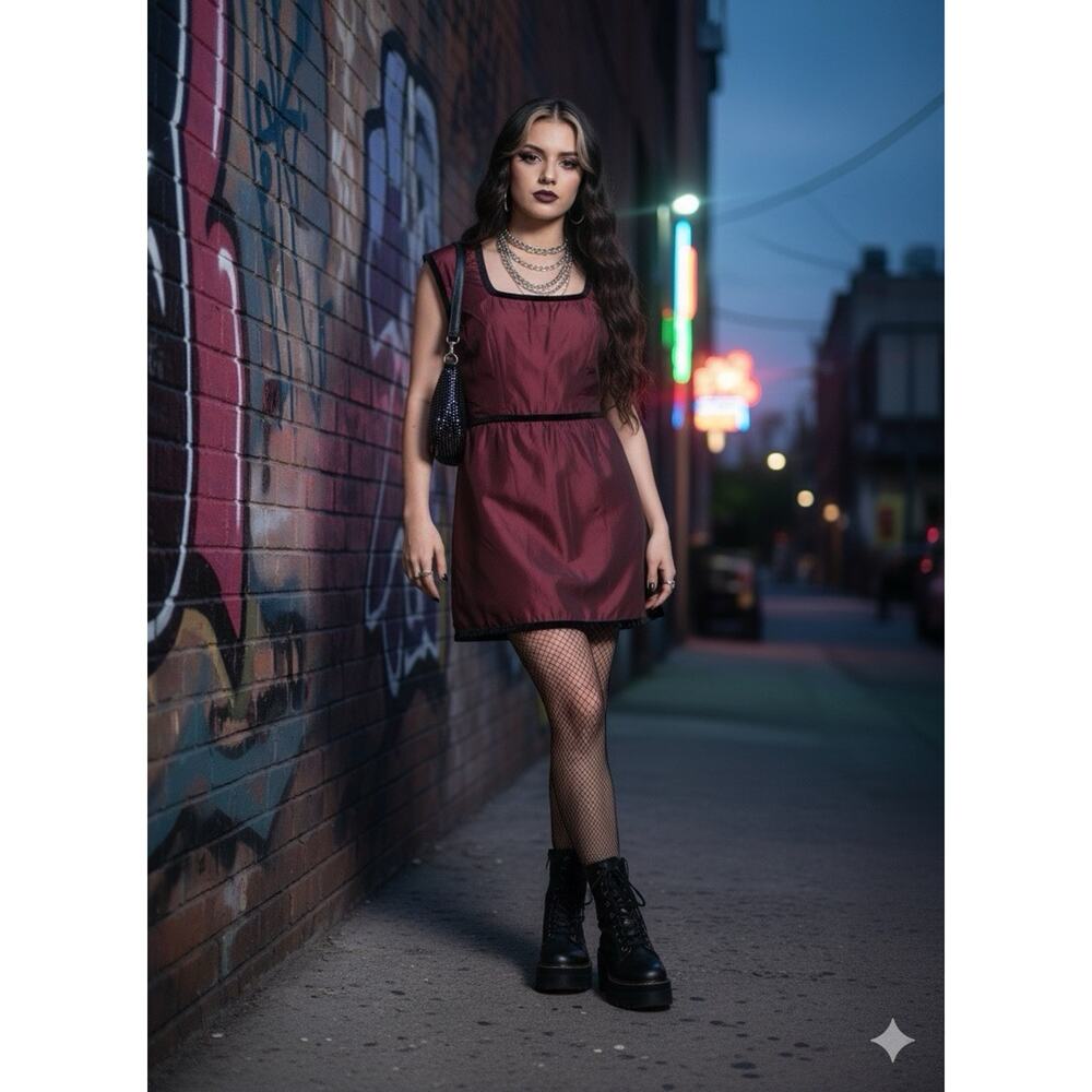 Vintage Burgundy Mini Dress Velvet Trim Grunge Whimsigoth Witchy Vamp Y2K Sz M